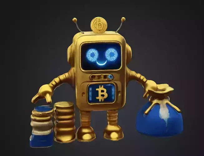 Bitcoin robot with gold coin bag Low-poly 3D model