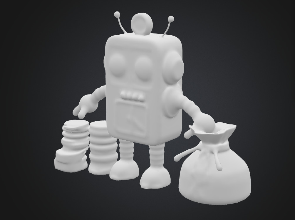 Bitcoin robot with gold coin bag Low-poly 3D model_5