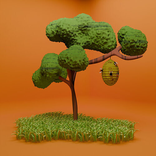 Bee  Tree hive honey on Grass Low-poly 3D model