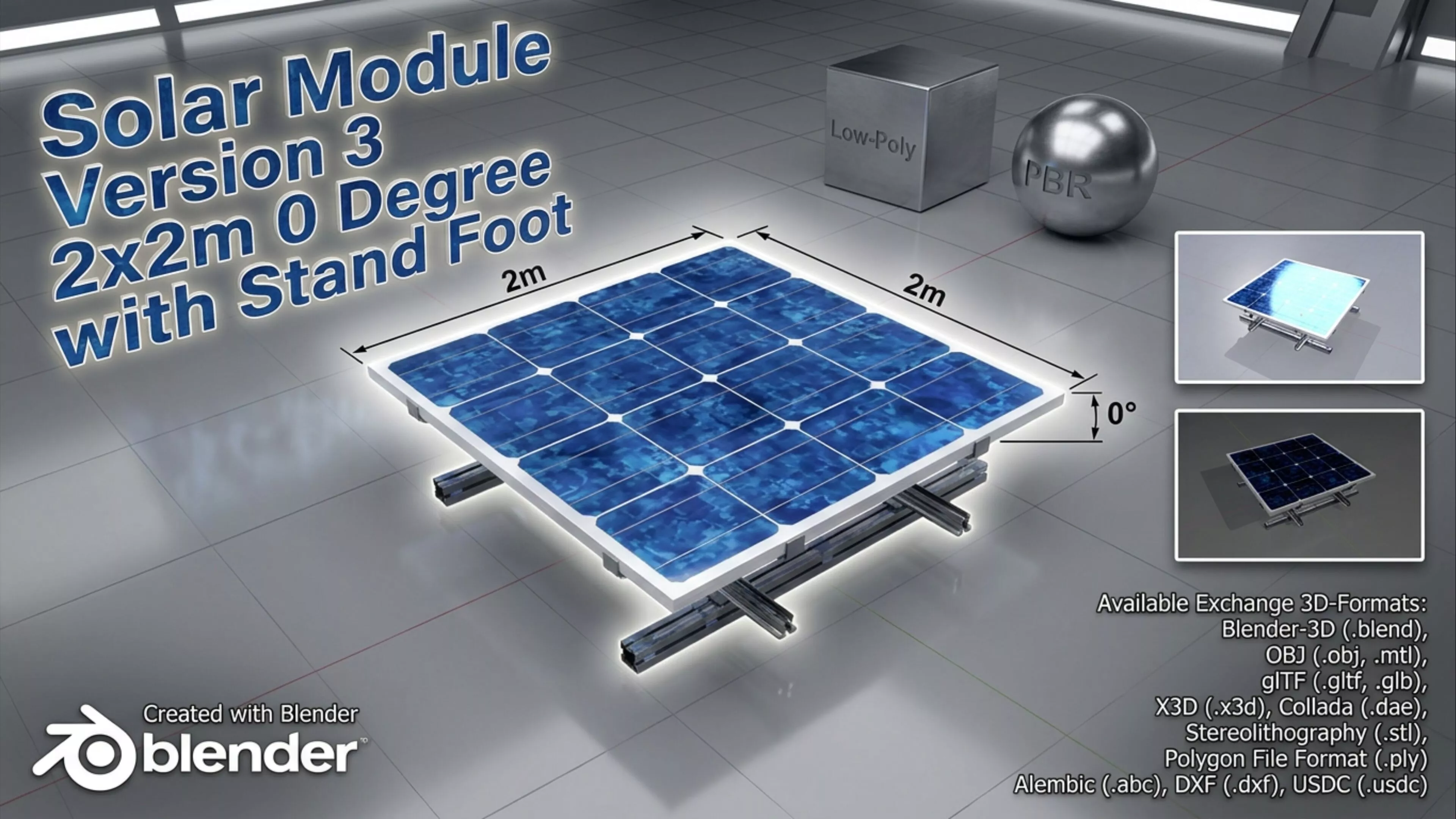 Solar module version 3 2x2m tilt angle 0 degrees with stand Low-poly 3D model