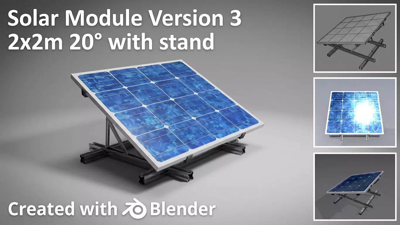 Solar module version 3 2x2m tilt angle 20 degrees with stand Low-poly 3D model