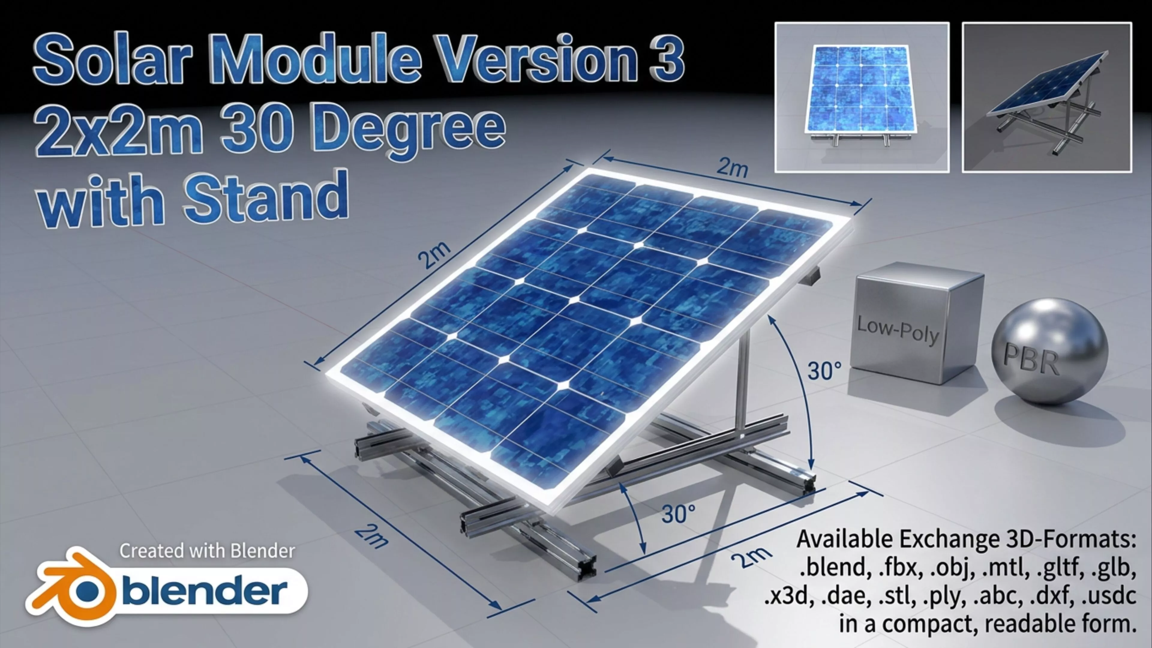 Solar module version 3 2x2m tilt angle 30 degrees with stand Low-poly 3D model