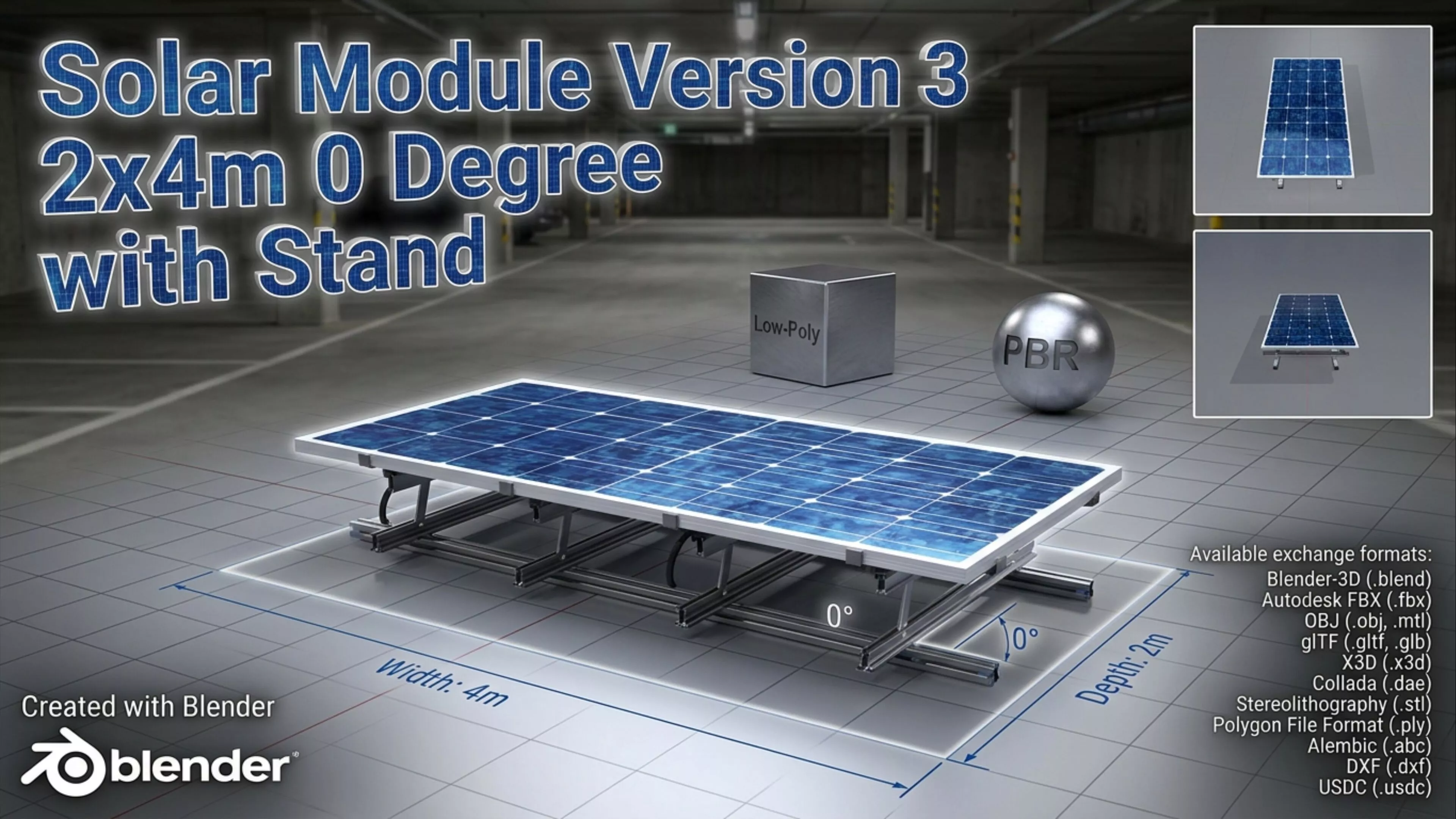Solar module version 3 2x4m tilt angle 0 degrees with stand Low-poly 3D model