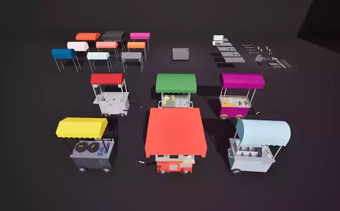 Modular Food Carts Pack Low Poly and Optimized for Games 3D model