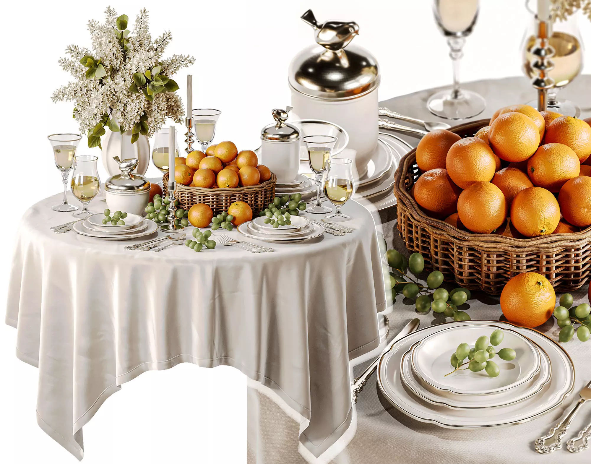 Elegant Dining Table with White Lilac Flowers and Fruit Basket 3D model