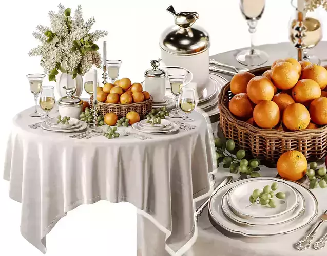 Elegant Dining Table with White Lilac Flowers and Fruit Basket