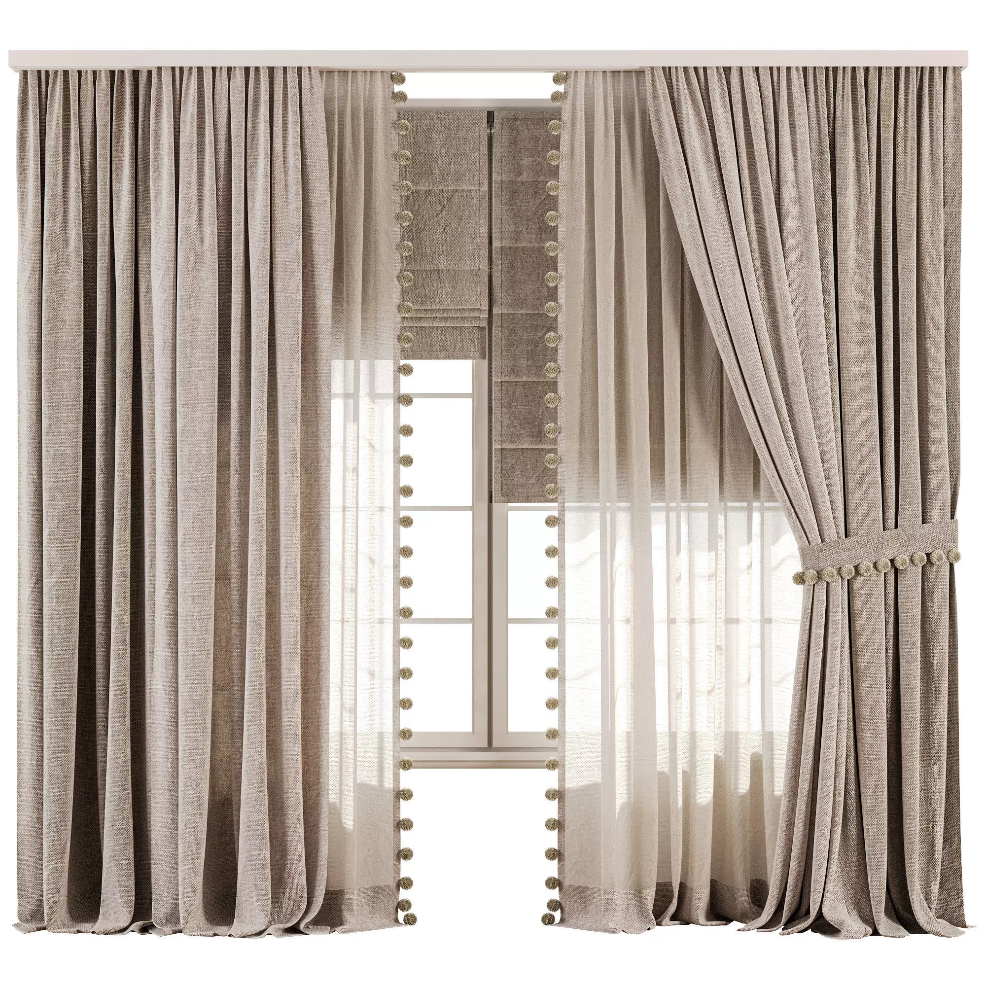 Curtain Set With Linen And Sheer Layer 68 3D model_0