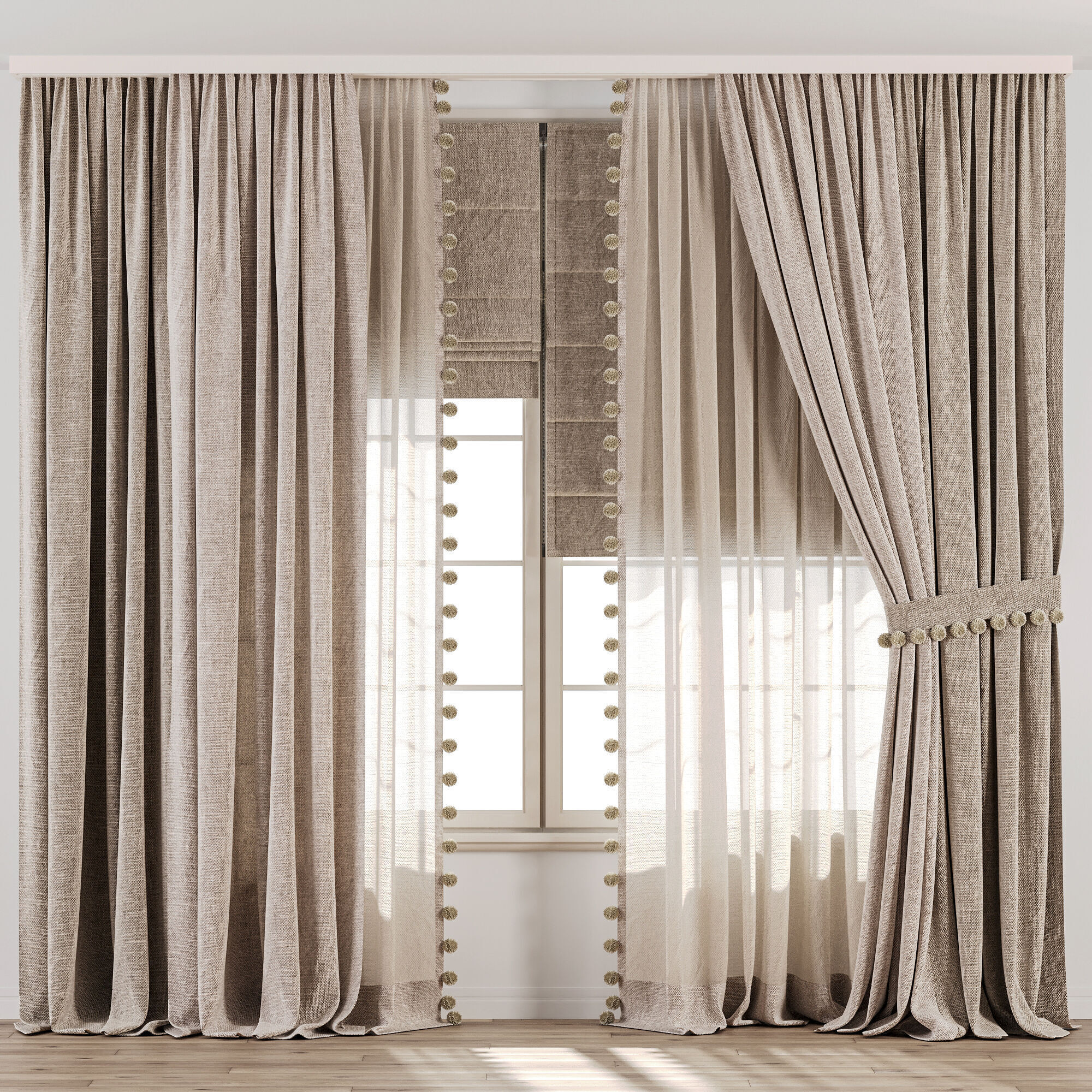 Curtain Set With Linen And Sheer Layer 68 3D model_3
