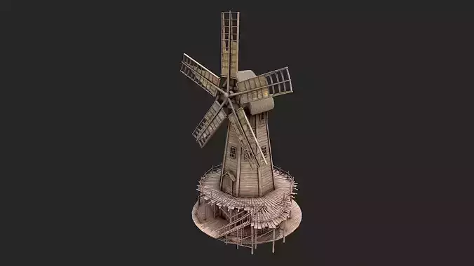 Medieval Wooden Windmill Low Poly PBR