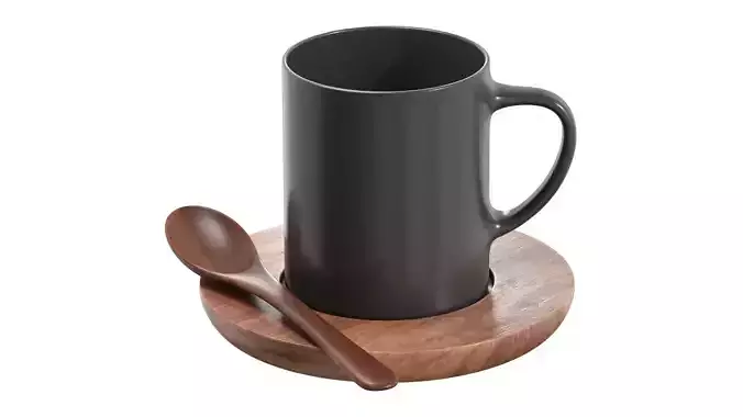 Coffee Mug With Wooden Spoon and Saucer 3D model