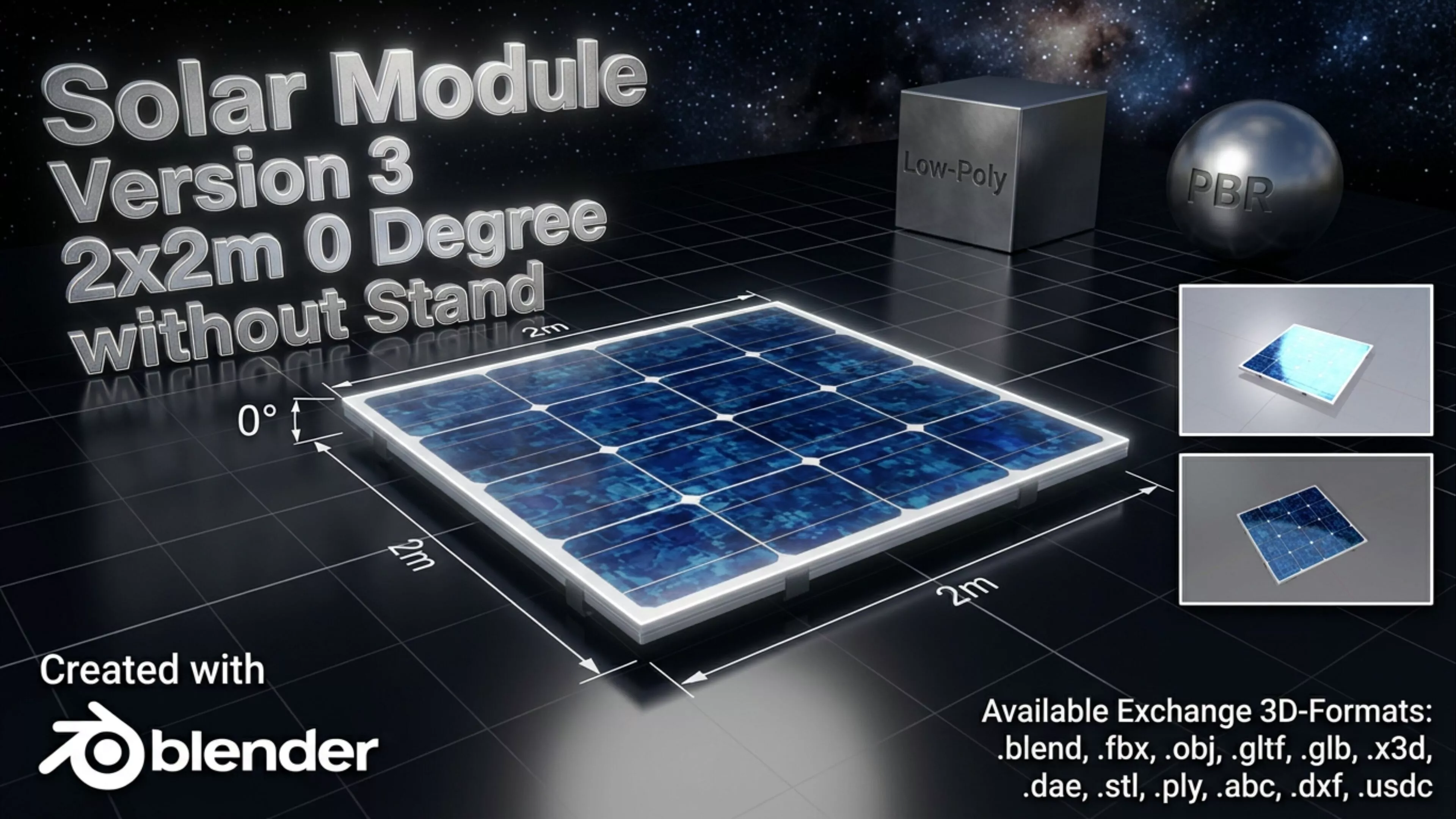 Solar module version 3 2x2m tilt angle 0 degrees without stand Low-poly 3D model