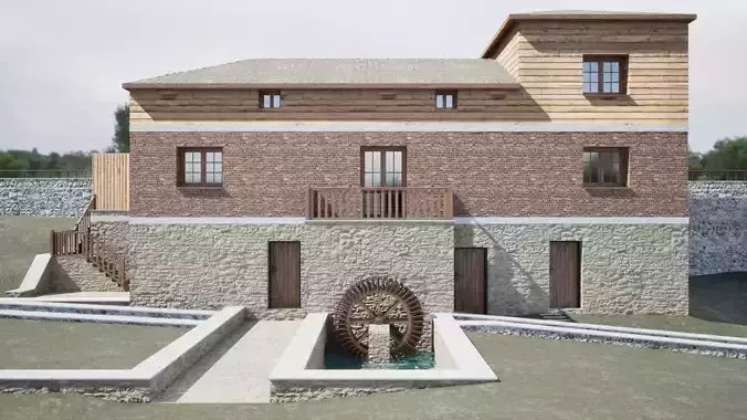 Realistic and detailed 3D model of old water mill Low-poly 3D model