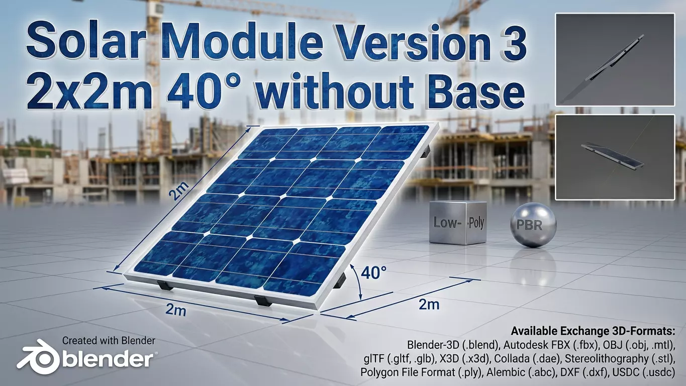 Solar module version 3 2x2m tilt angle 40 degrees without stand Low-poly 3D model
