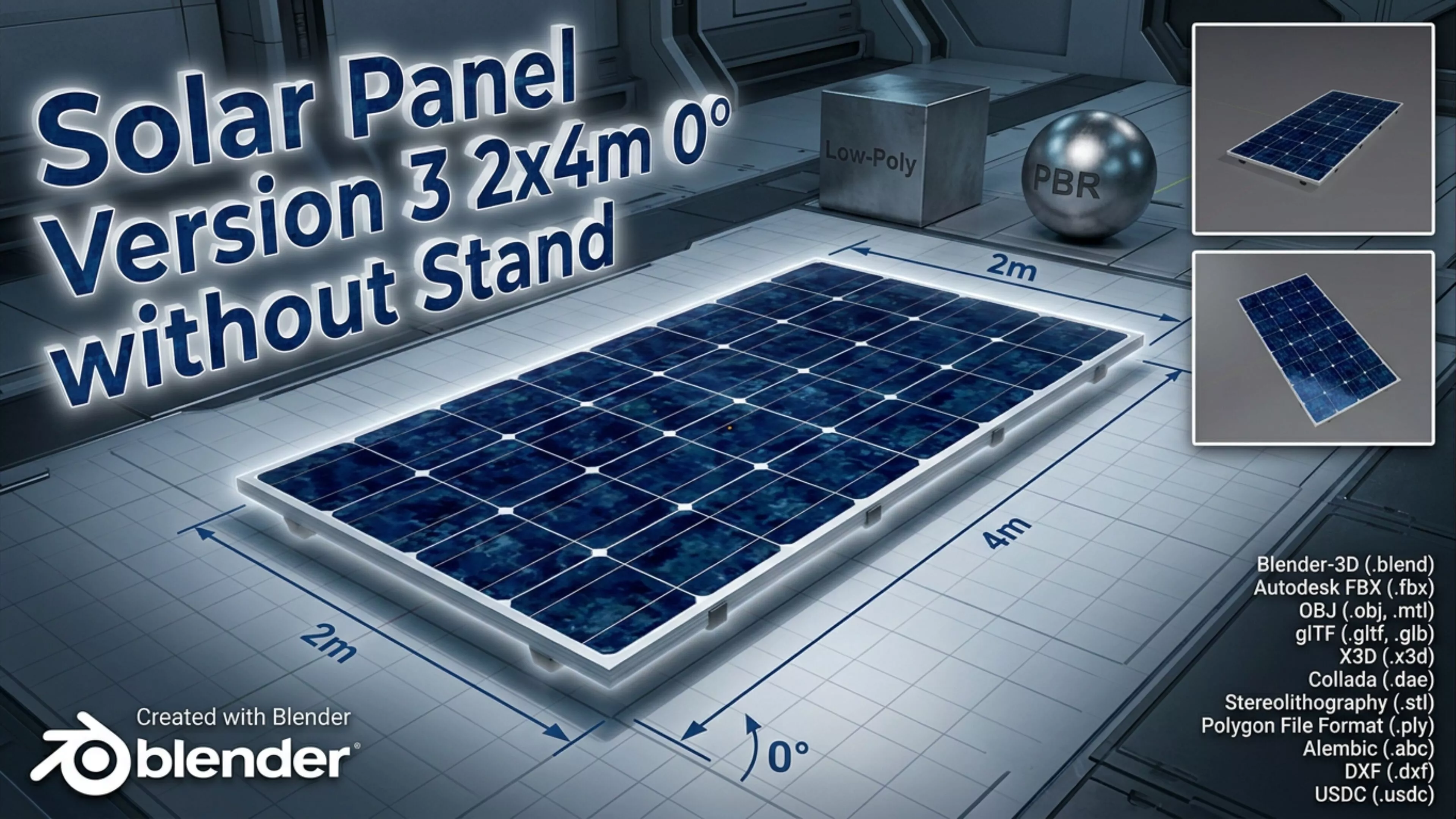 Solar module version 3 2x4m tilt angle 0 degrees without stand Low-poly 3D model