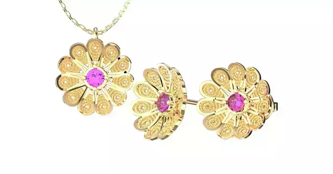 Filigree Flower Stud and Pendant 7 Astor with stone 3D print model