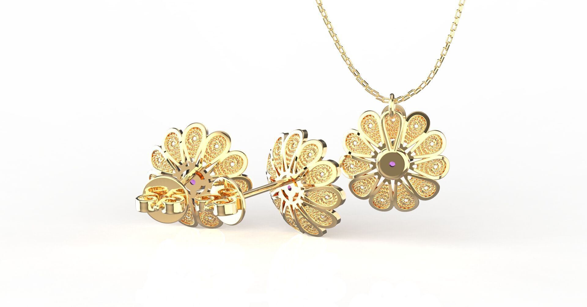 Filigree Flower Stud and Pendant 7 Astor with stone 3D print model_7