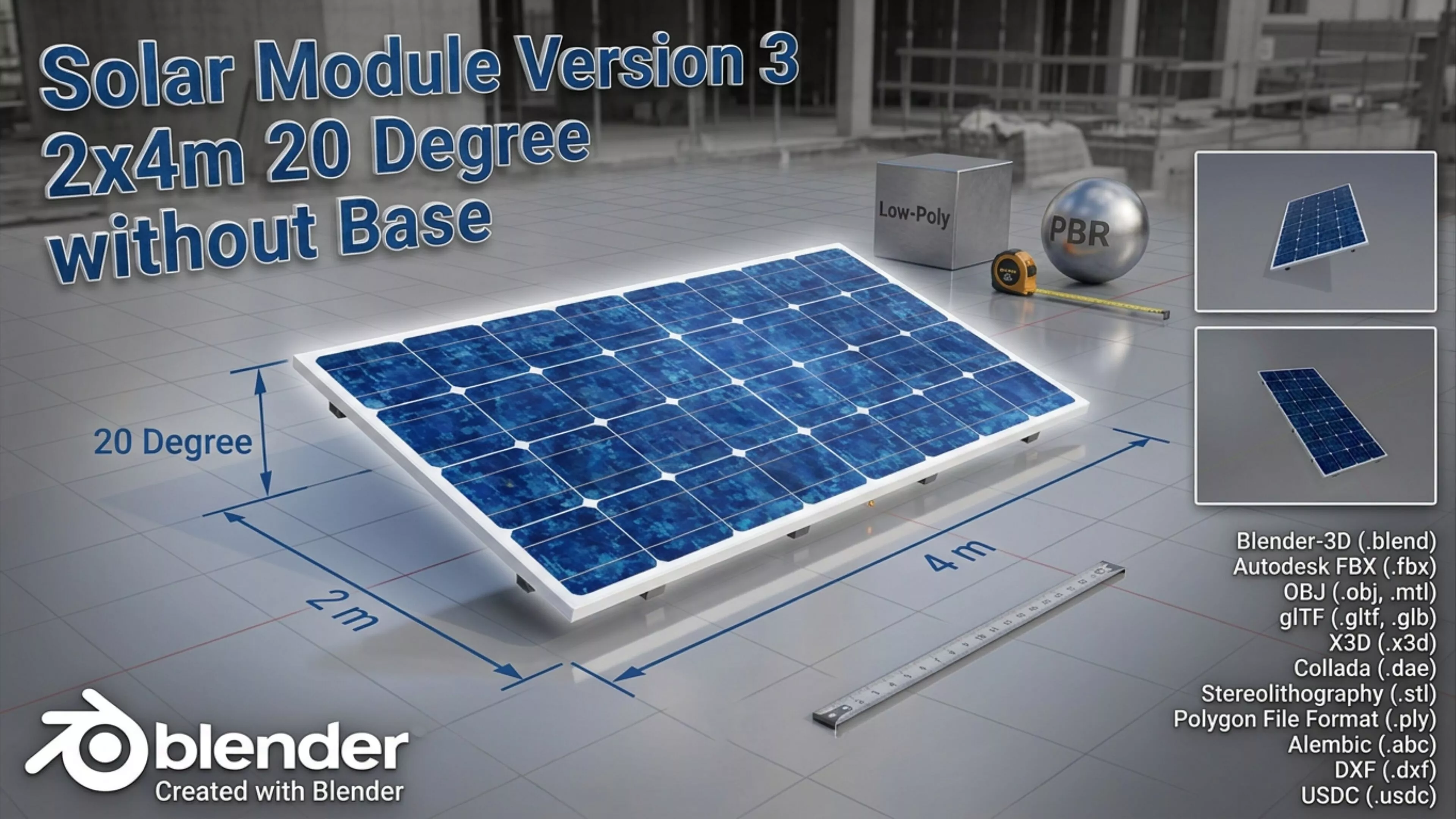 Solar module version 3 2x4m tilt angle 20 degrees without stand Low-poly 3D model