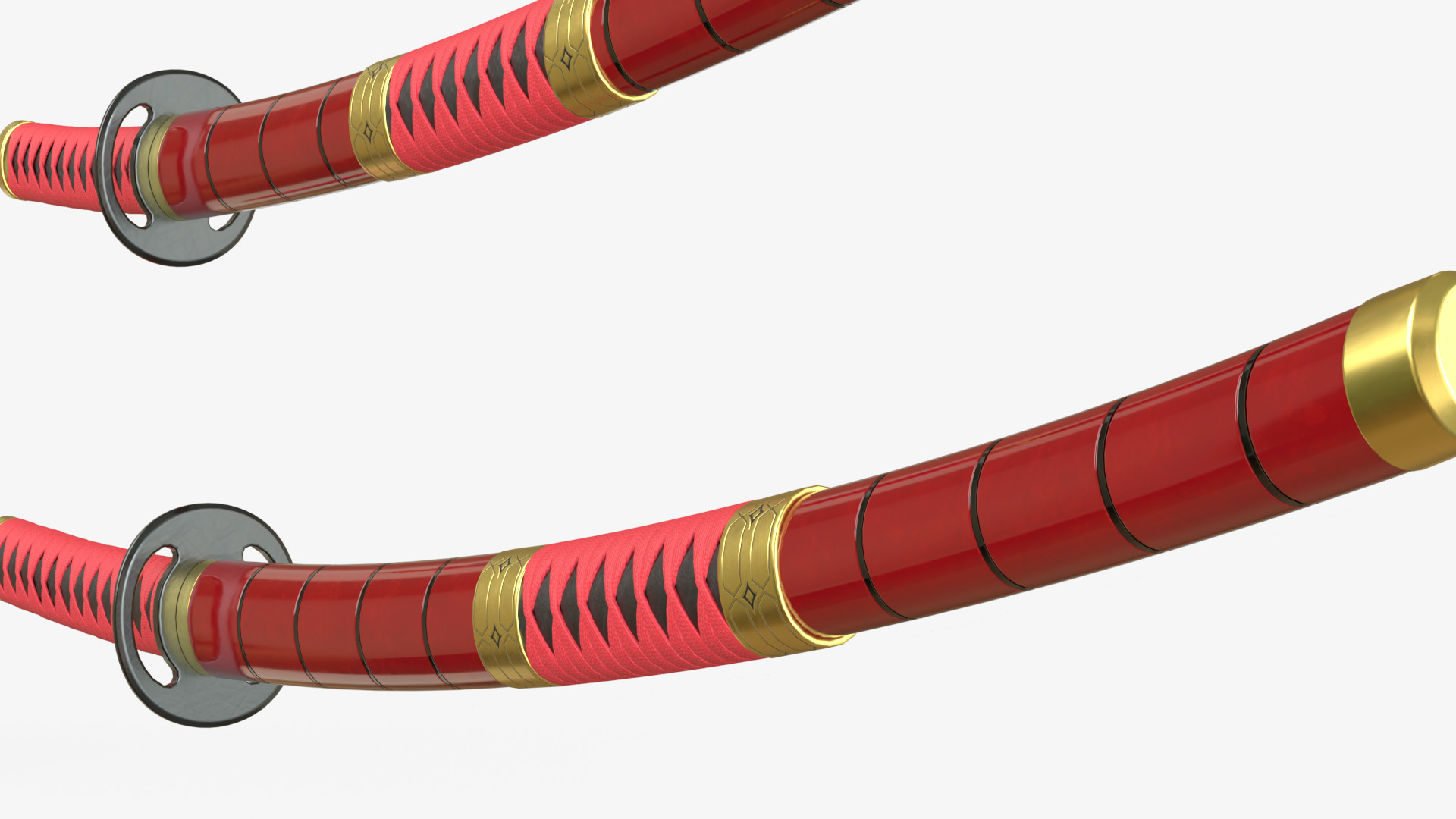 Red Double Bladed Katana Wakizashi and Stand 3D model_6