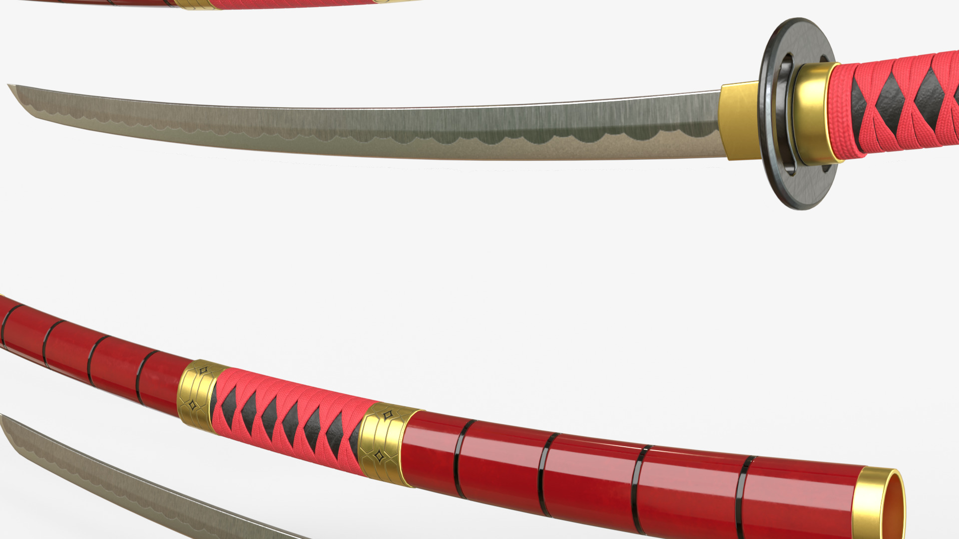 Red Double Bladed Katana Wakizashi and Stand 3D model_7