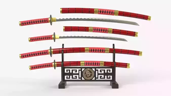Red Double Bladed Katana Wakizashi and Stand 3D model Red Double Bladed Katana Wakizashi and Stand 3D model