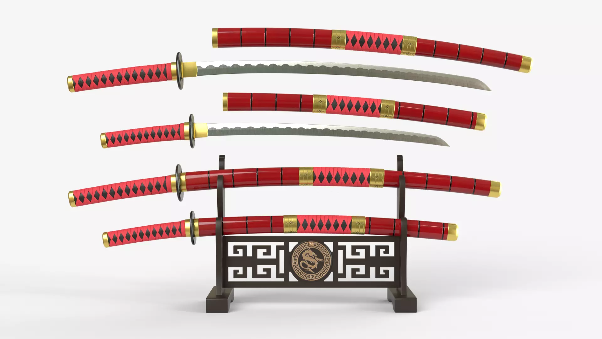 Red Double Bladed Katana Wakizashi and Stand 3D model_0