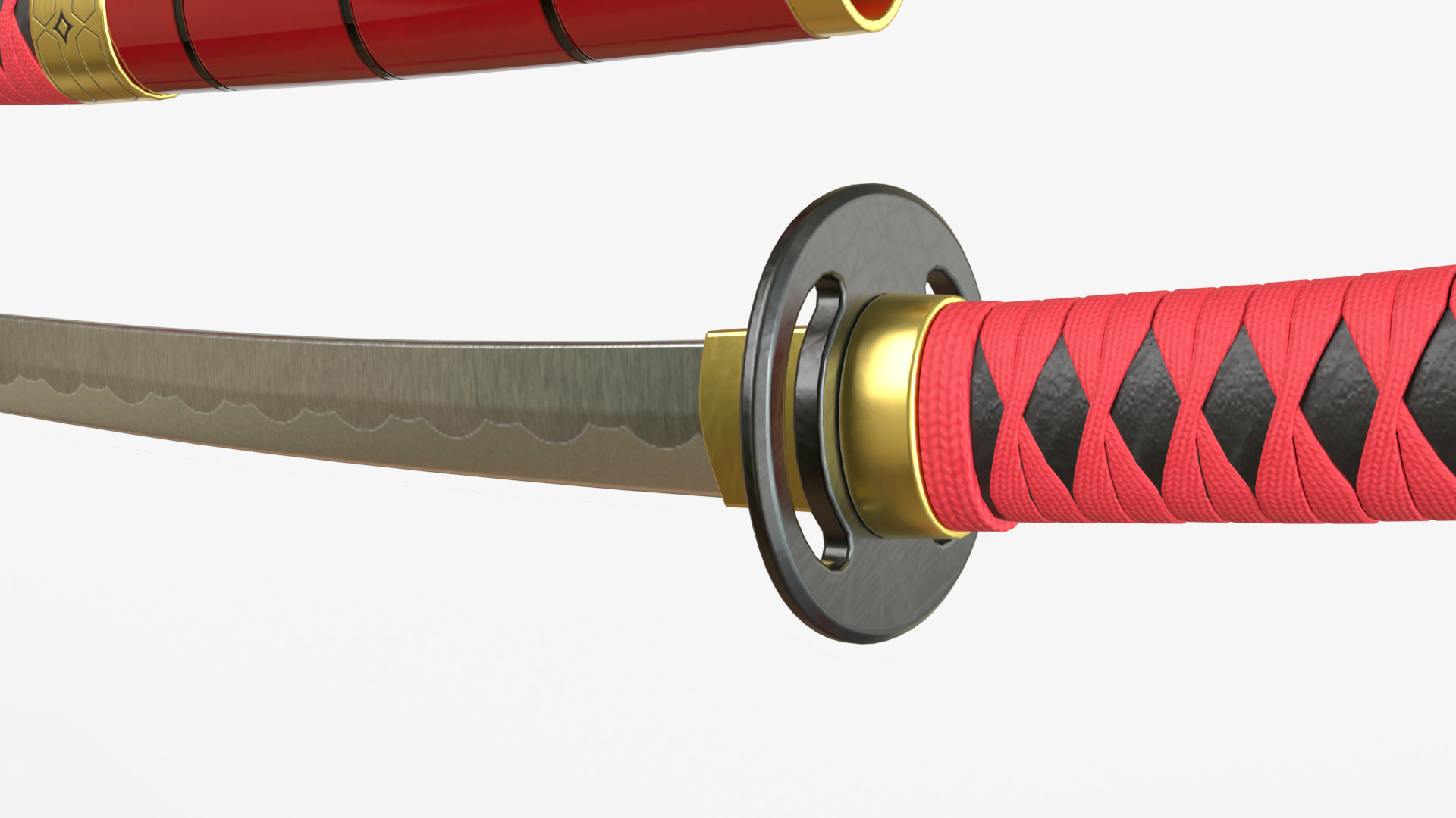 Red Double Bladed Katana Wakizashi and Stand 3D model_9
