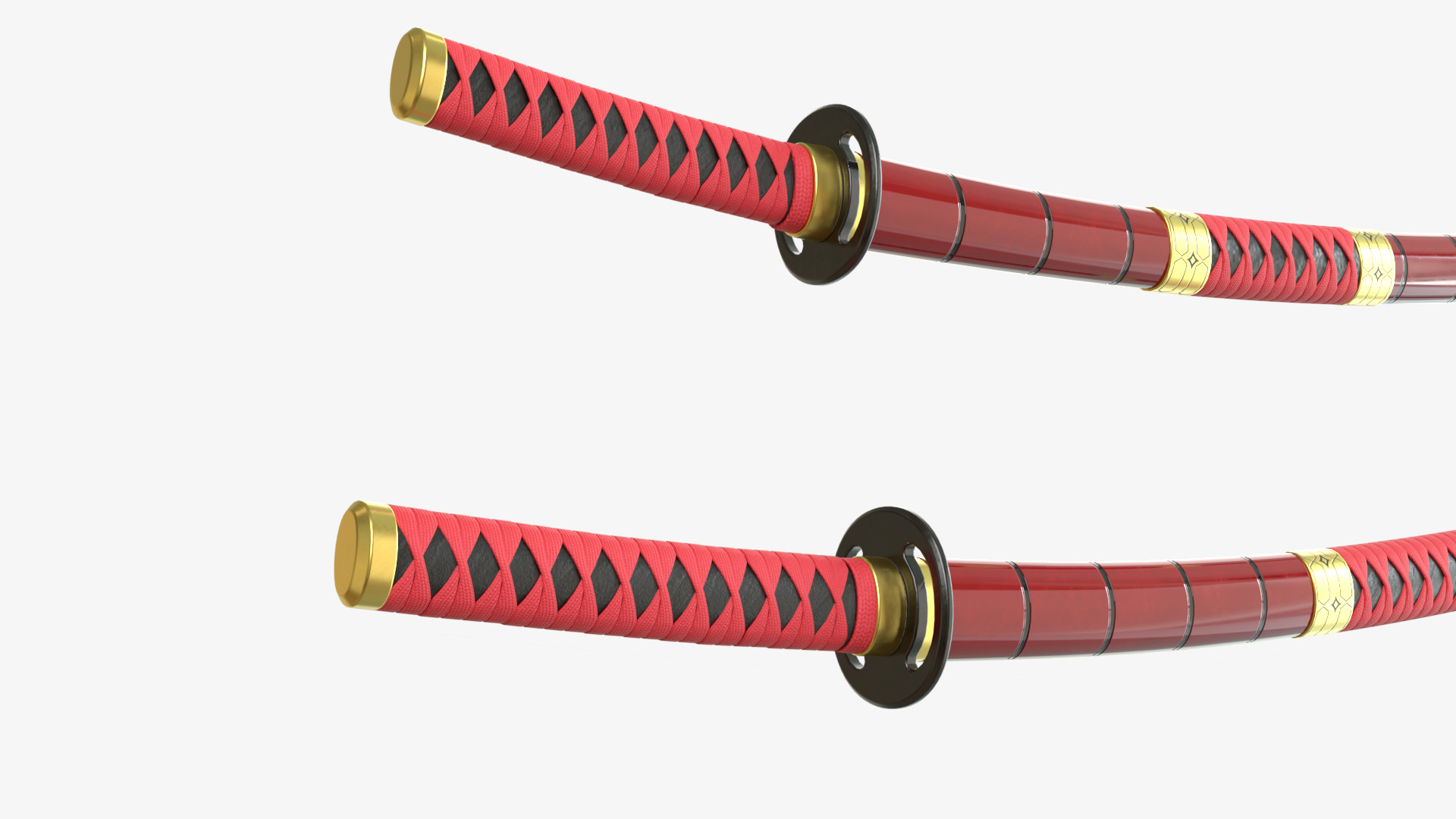 Red Double Bladed Katana Wakizashi and Stand 3D model_4