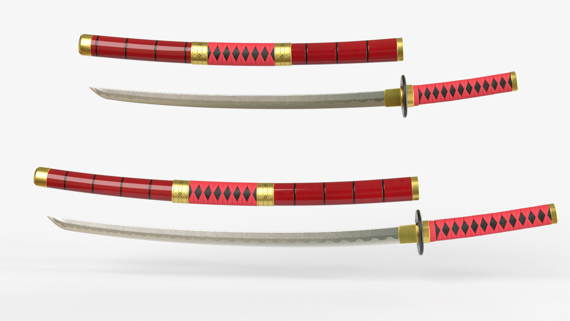 Red Double Bladed Katana Wakizashi and Stand 3D model_3