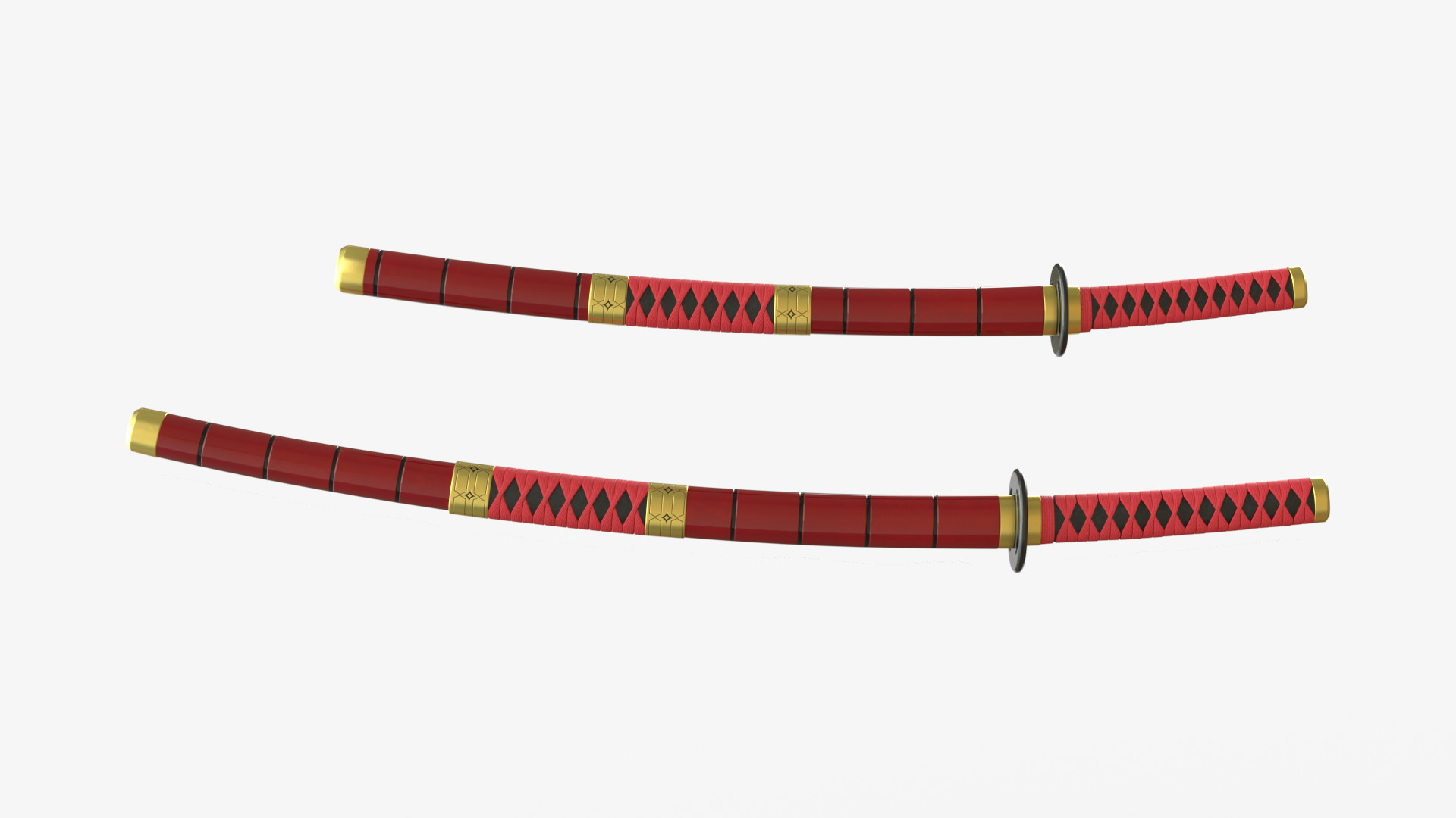 Red Double Bladed Katana Wakizashi and Stand 3D model_2