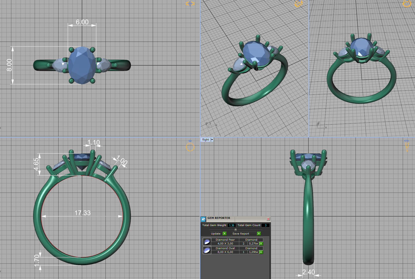 3 Stone Engagement Ring 1ct Gem 8x6 Oval Stone  3D print model_6