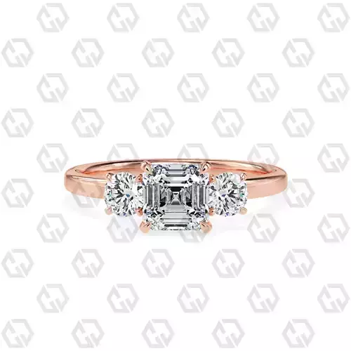 Ring 101 Asscher Shape 3 stone ring with round