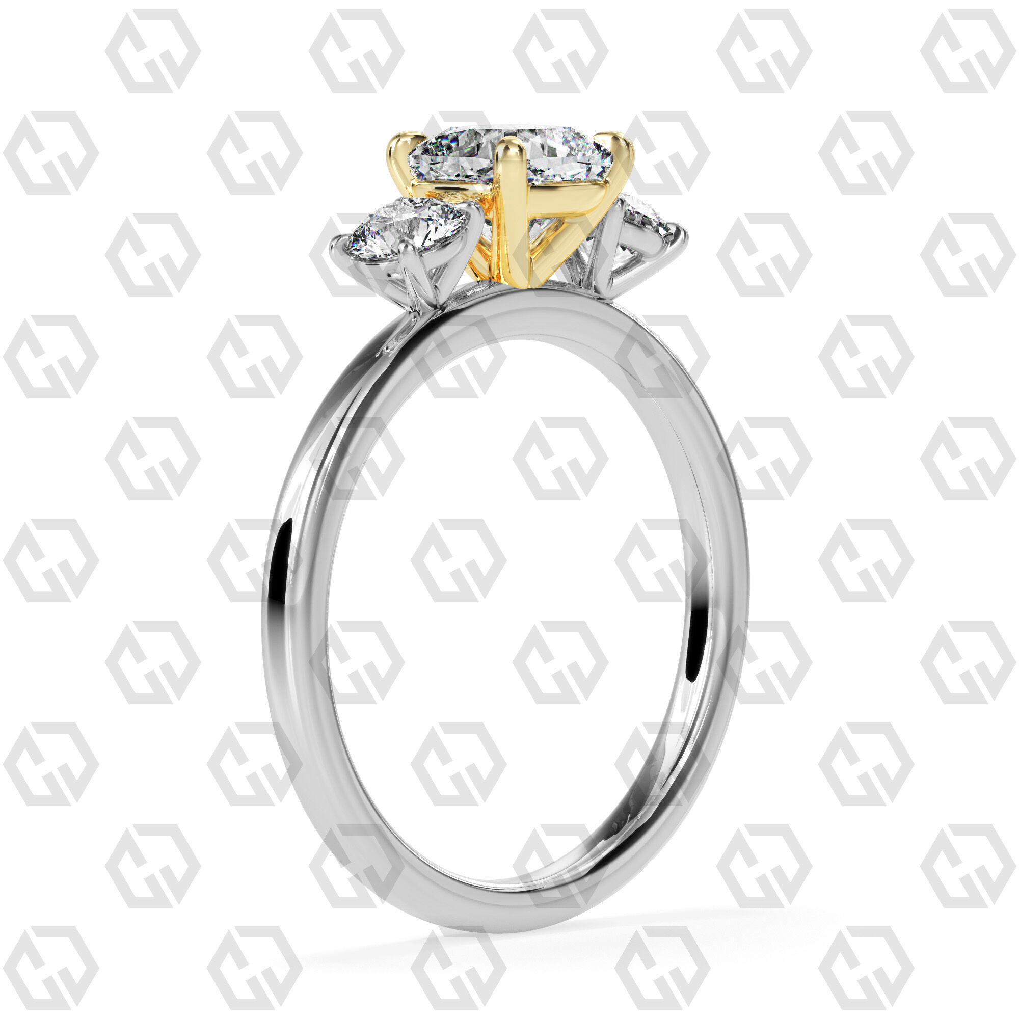 Ring 102 cushion Shape 3 stone ring with round 3D print model_10