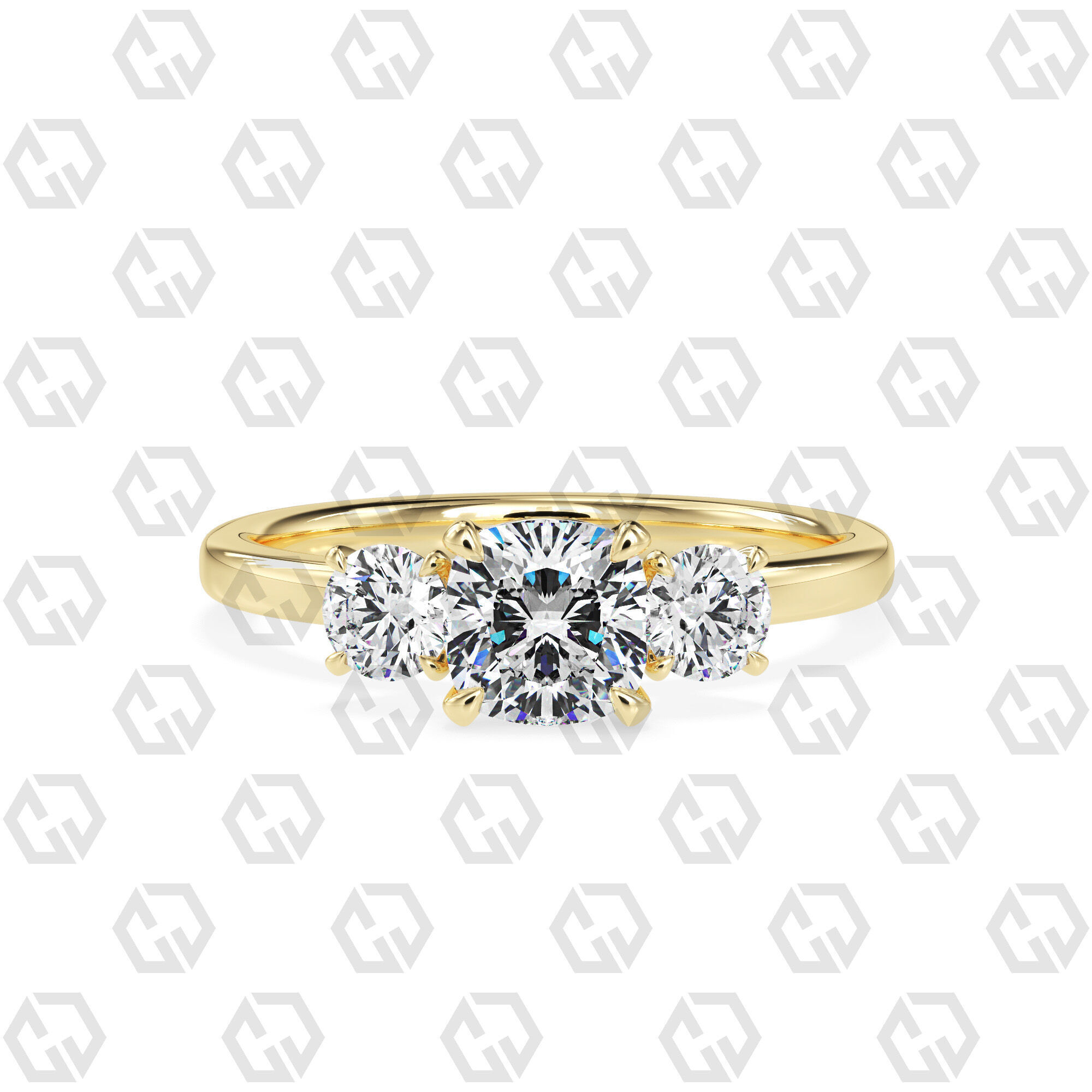 Ring 102 cushion Shape 3 stone ring with round 3D print model_13