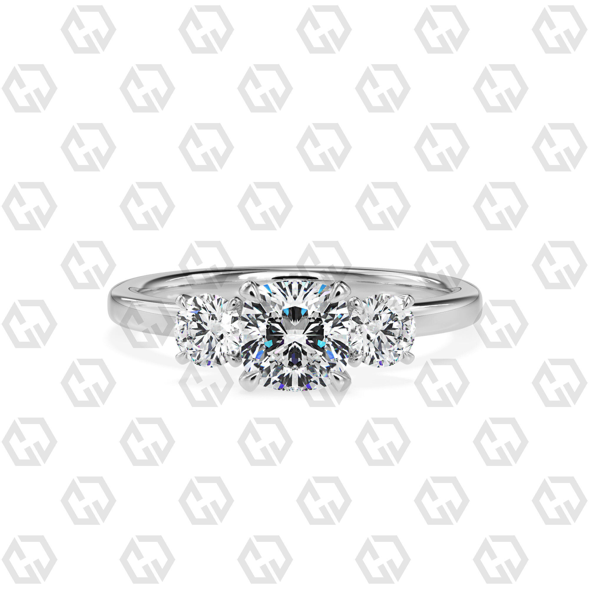 Ring 102 cushion Shape 3 stone ring with round 3D print model_7