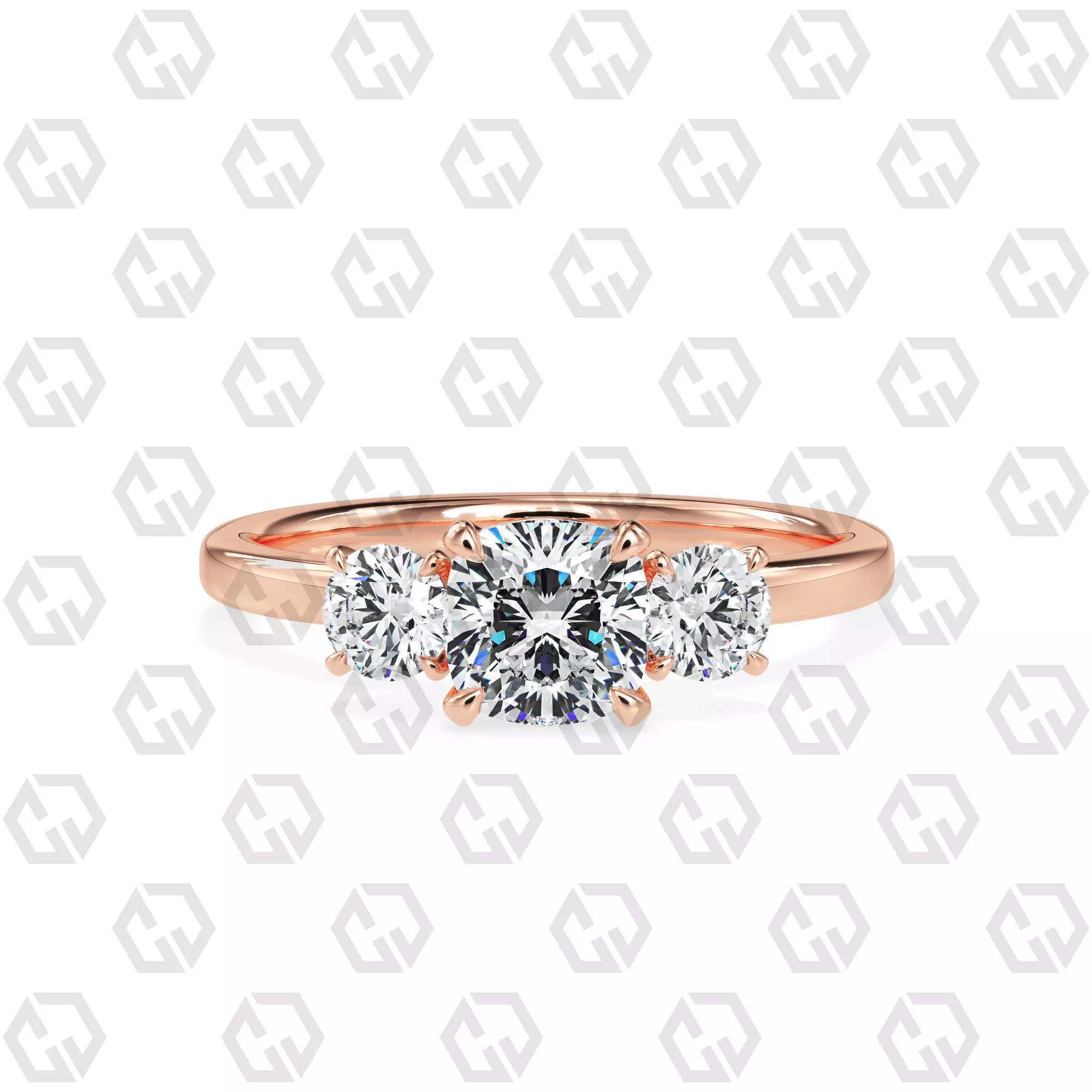 Ring 102 cushion Shape 3 stone ring with round 3D print model_0