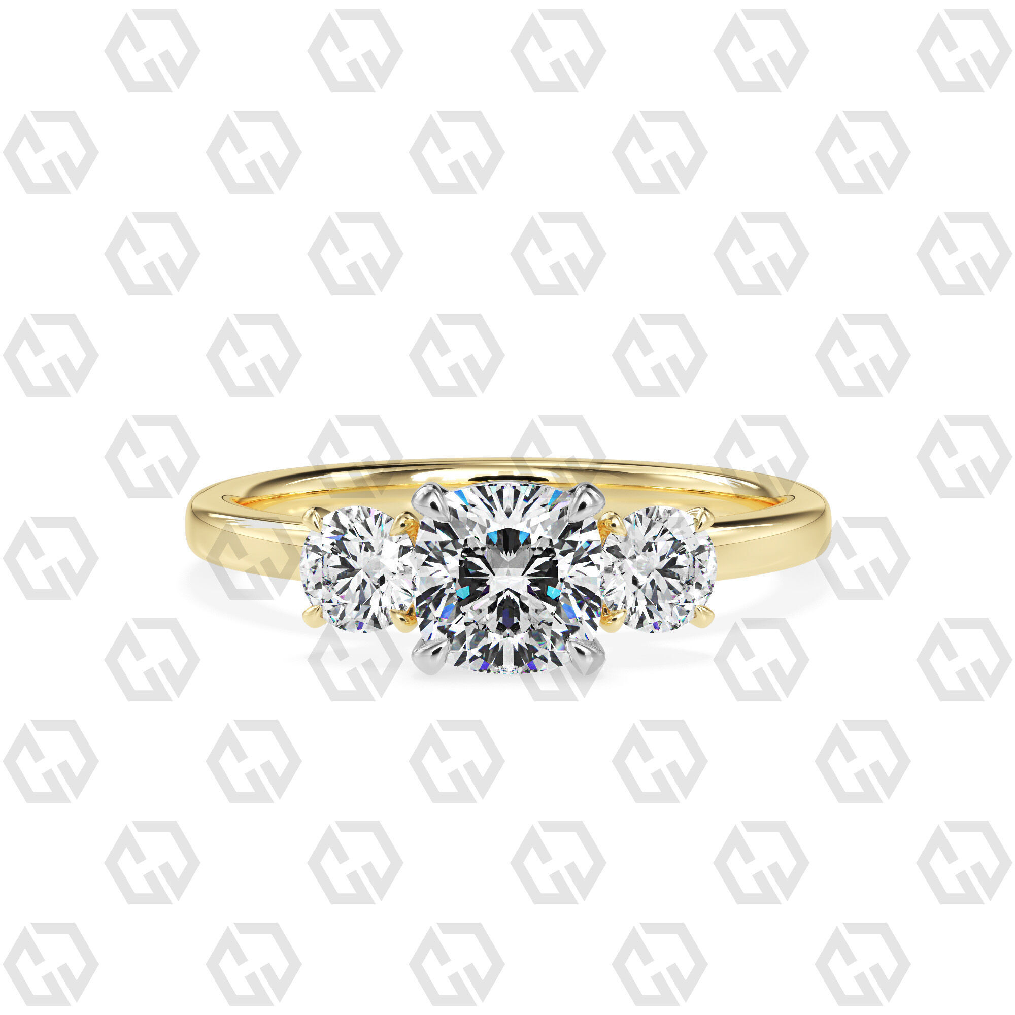 Ring 102 cushion Shape 3 stone ring with round 3D print model_9