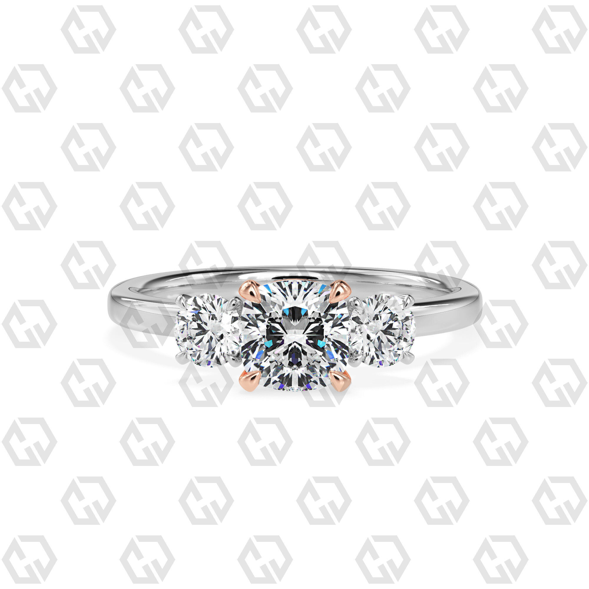 Ring 102 cushion Shape 3 stone ring with round 3D print model_3