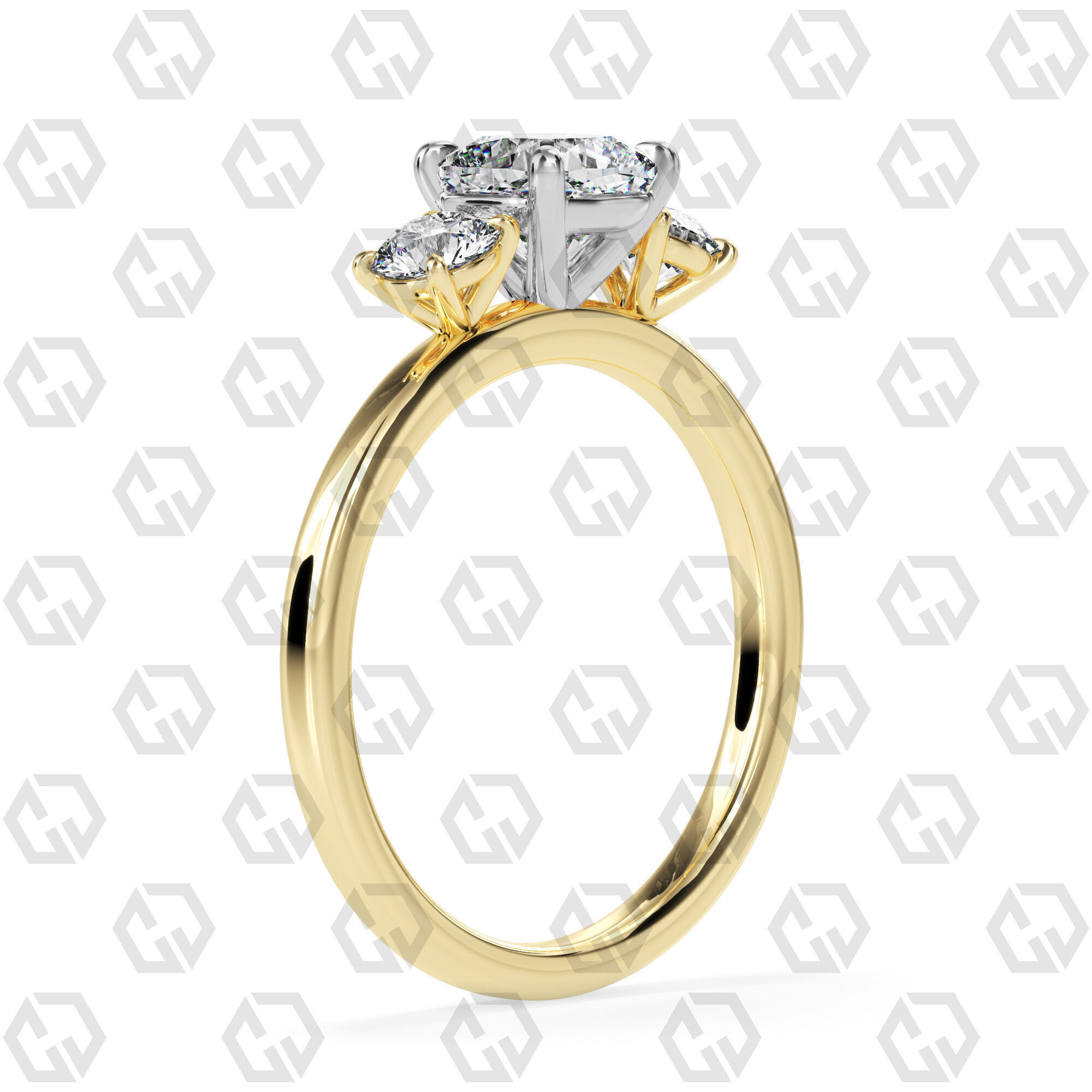 Ring 102 cushion Shape 3 stone ring with round 3D print model_8