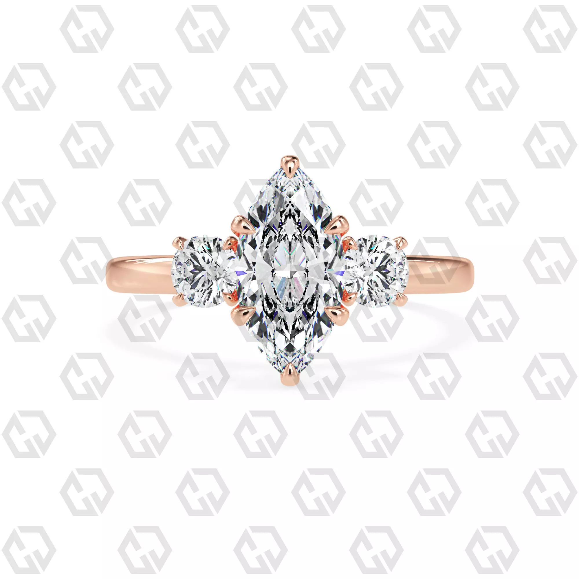 Ring 105 Marquise Shape 3 stone ring with round 3D print model