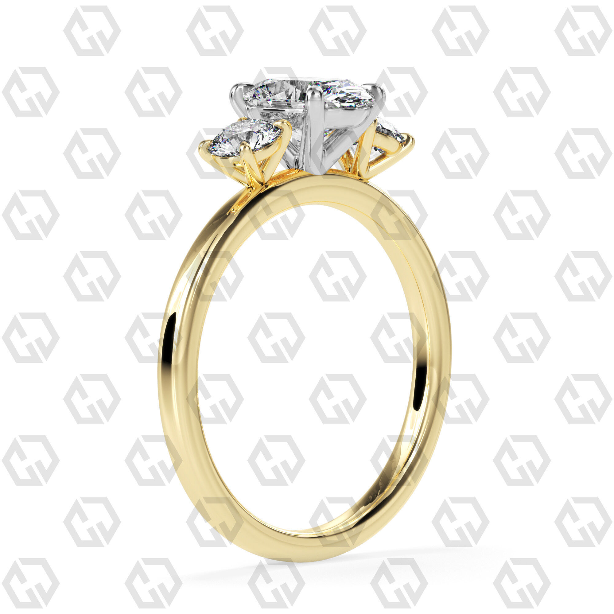 Ring 106 Oval Shape 3 stone ring with round 3D print model_8
