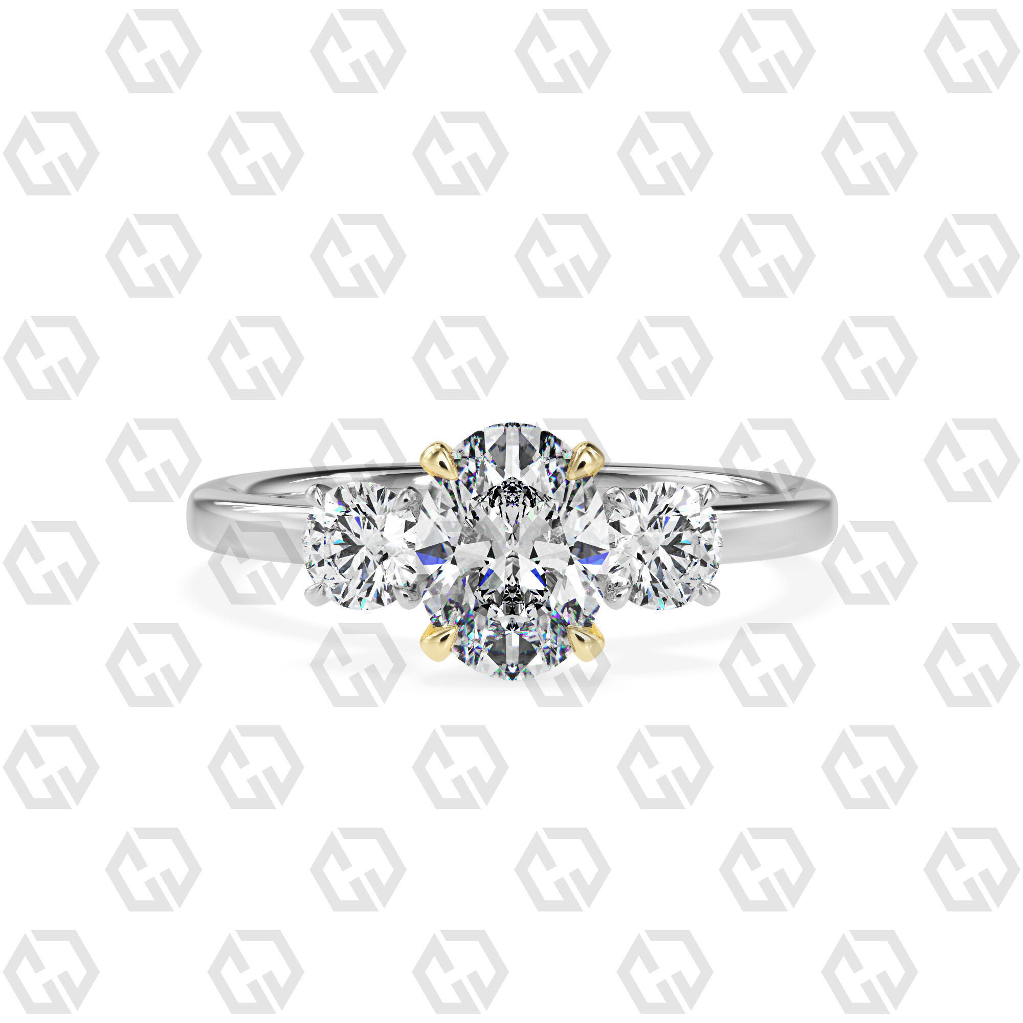 Ring 106 Oval Shape 3 stone ring with round 3D print model_11