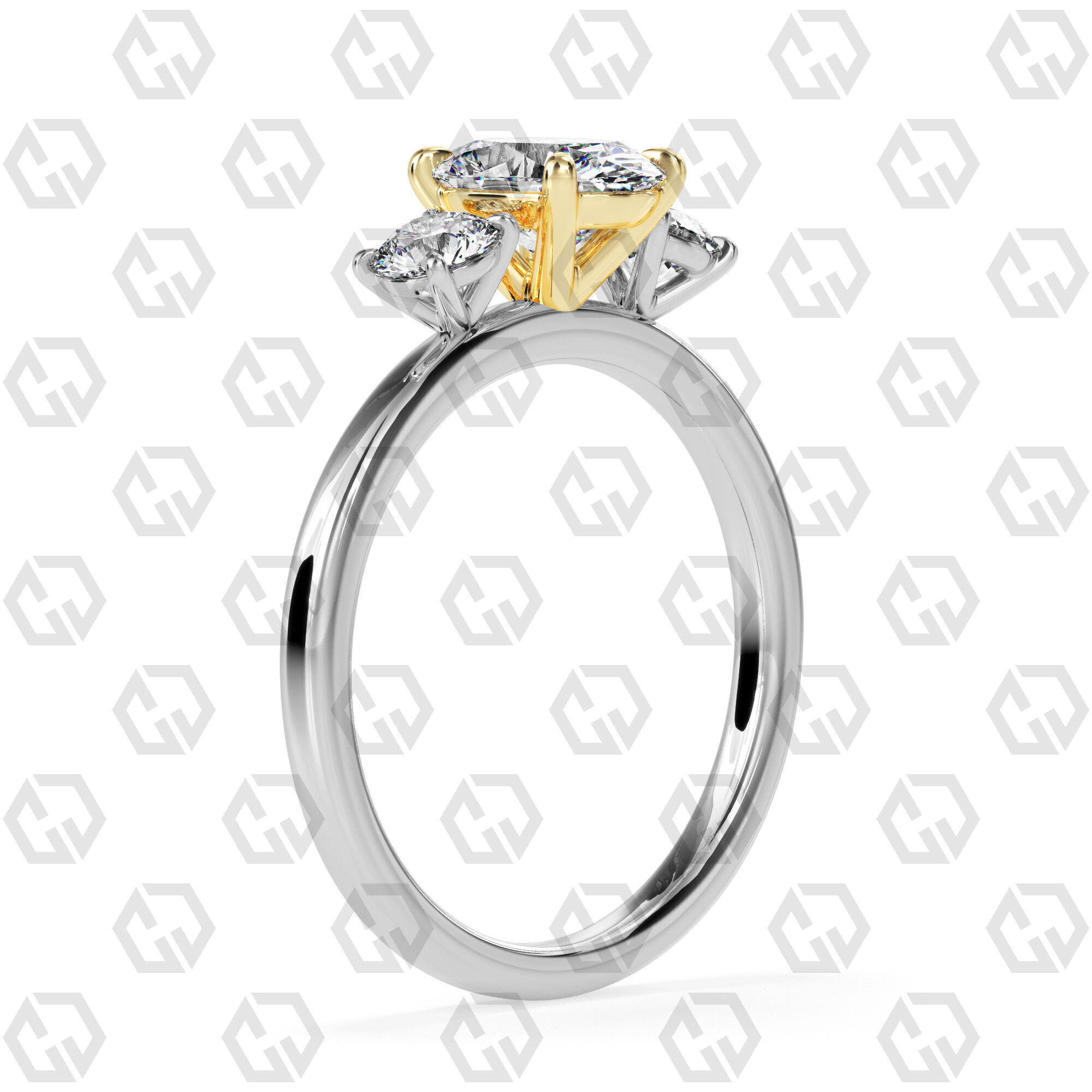 Ring 106 Oval Shape 3 stone ring with round 3D print model_10