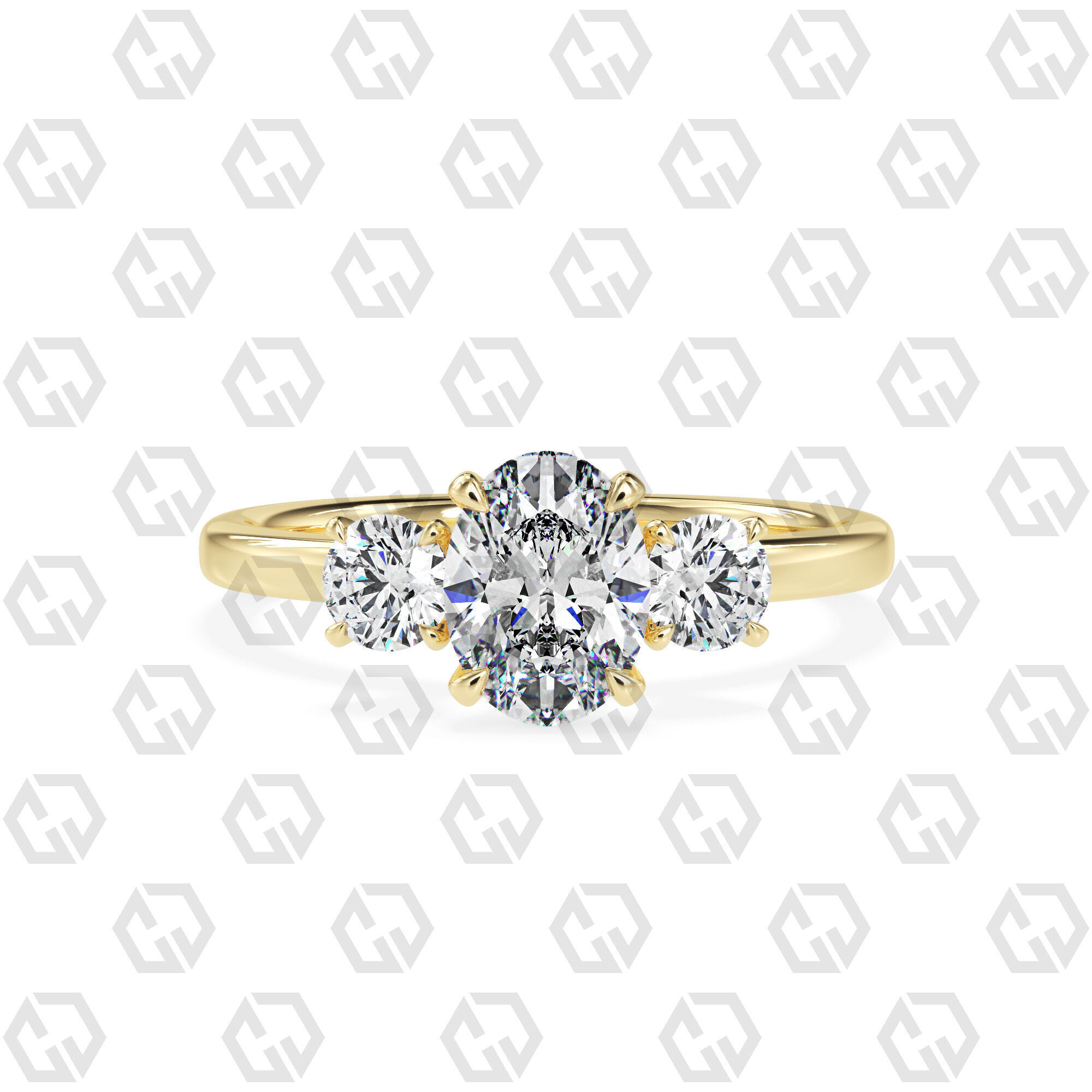 Ring 106 Oval Shape 3 stone ring with round 3D print model_13