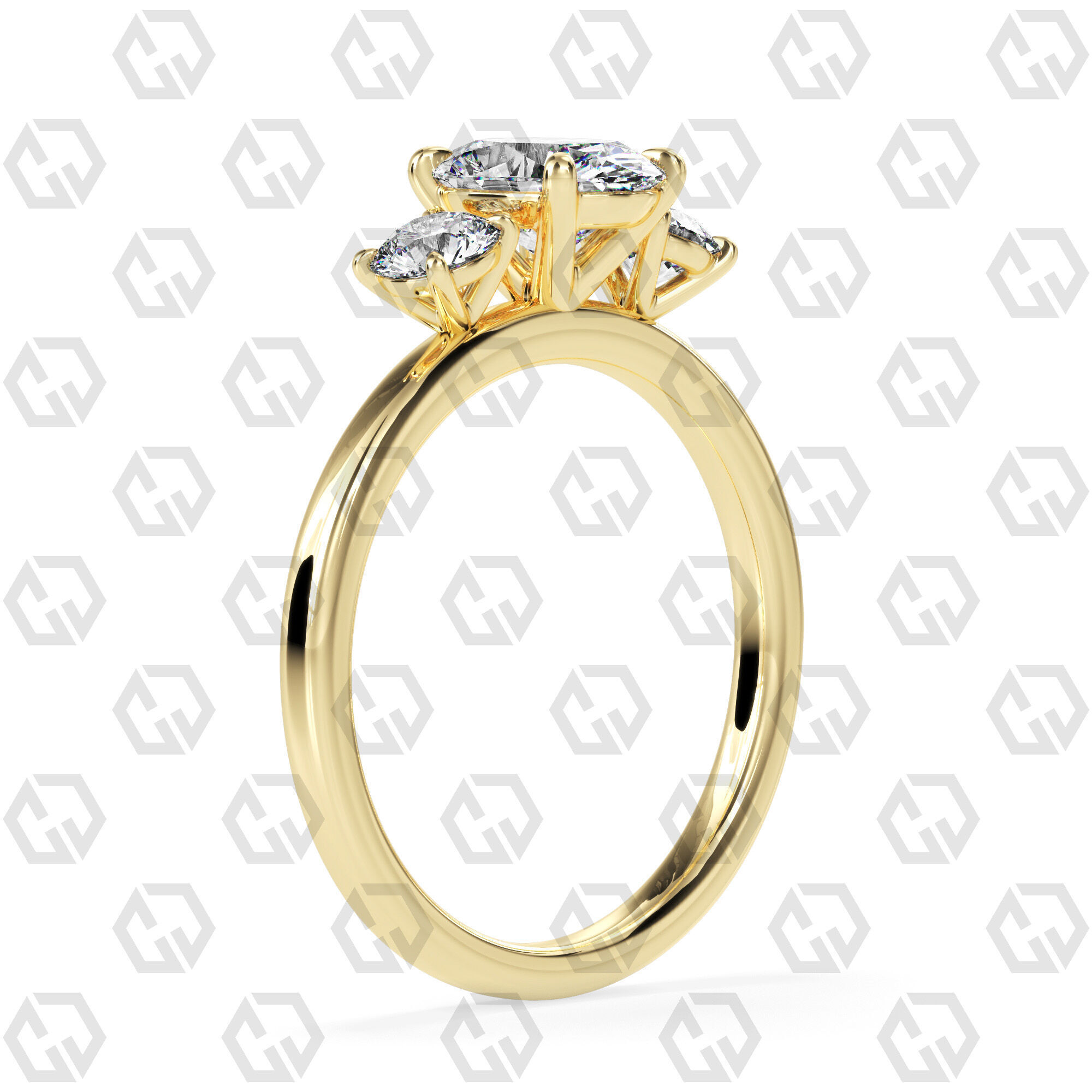 Ring 106 Oval Shape 3 stone ring with round 3D print model_12