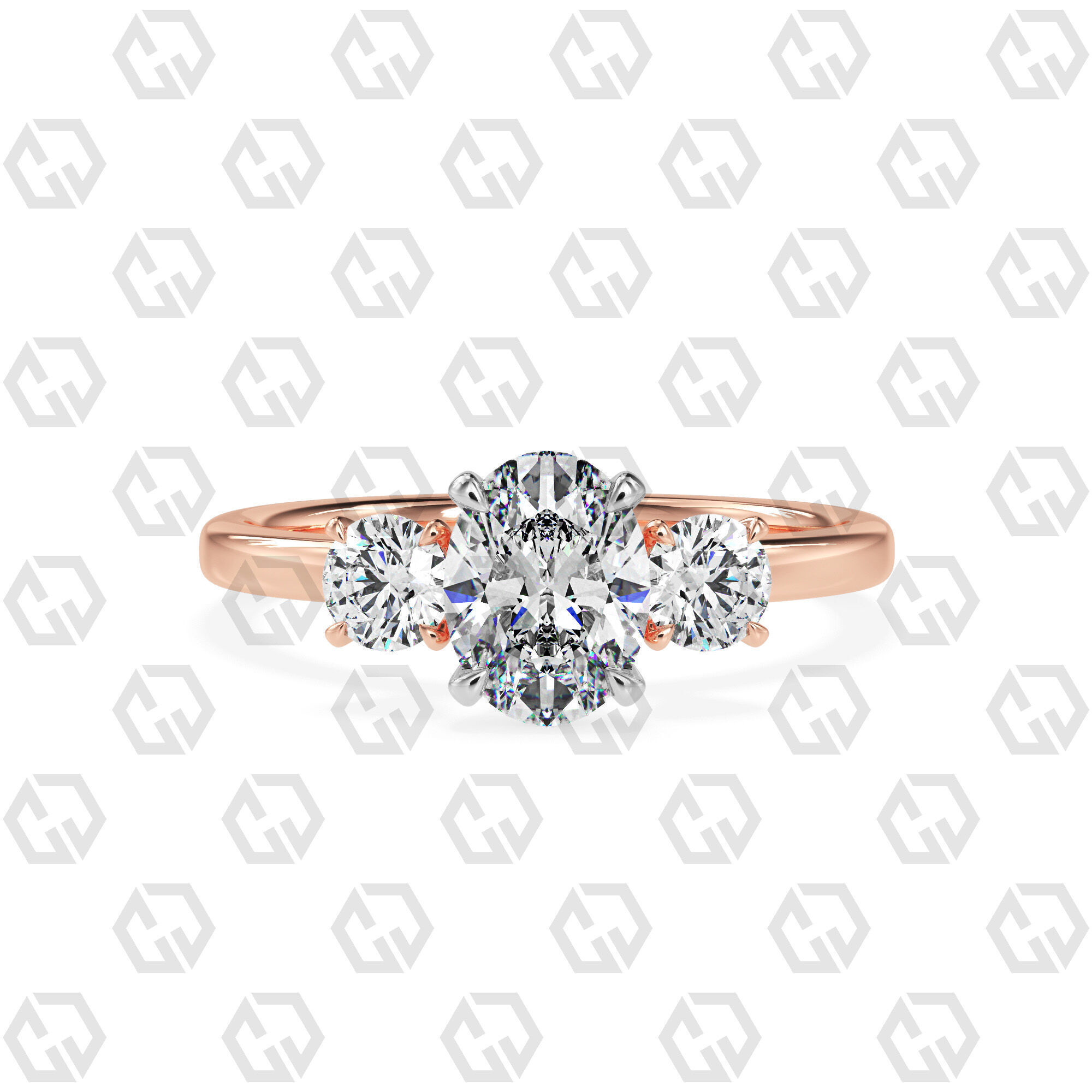 Ring 106 Oval Shape 3 stone ring with round 3D print model_5