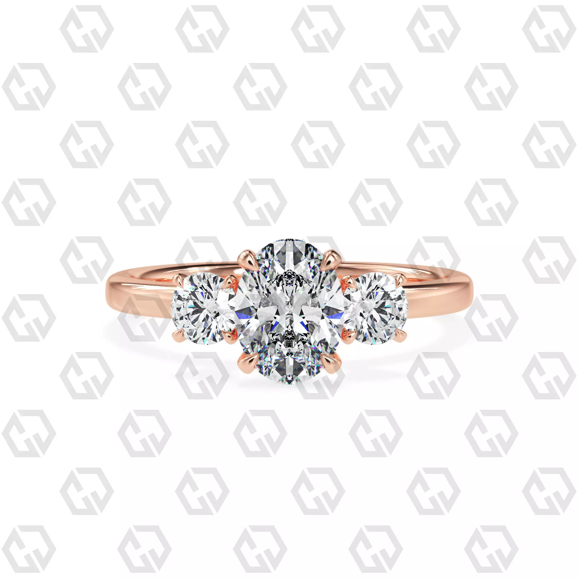 Ring 106 Oval Shape 3 stone ring with round 3D print model_0