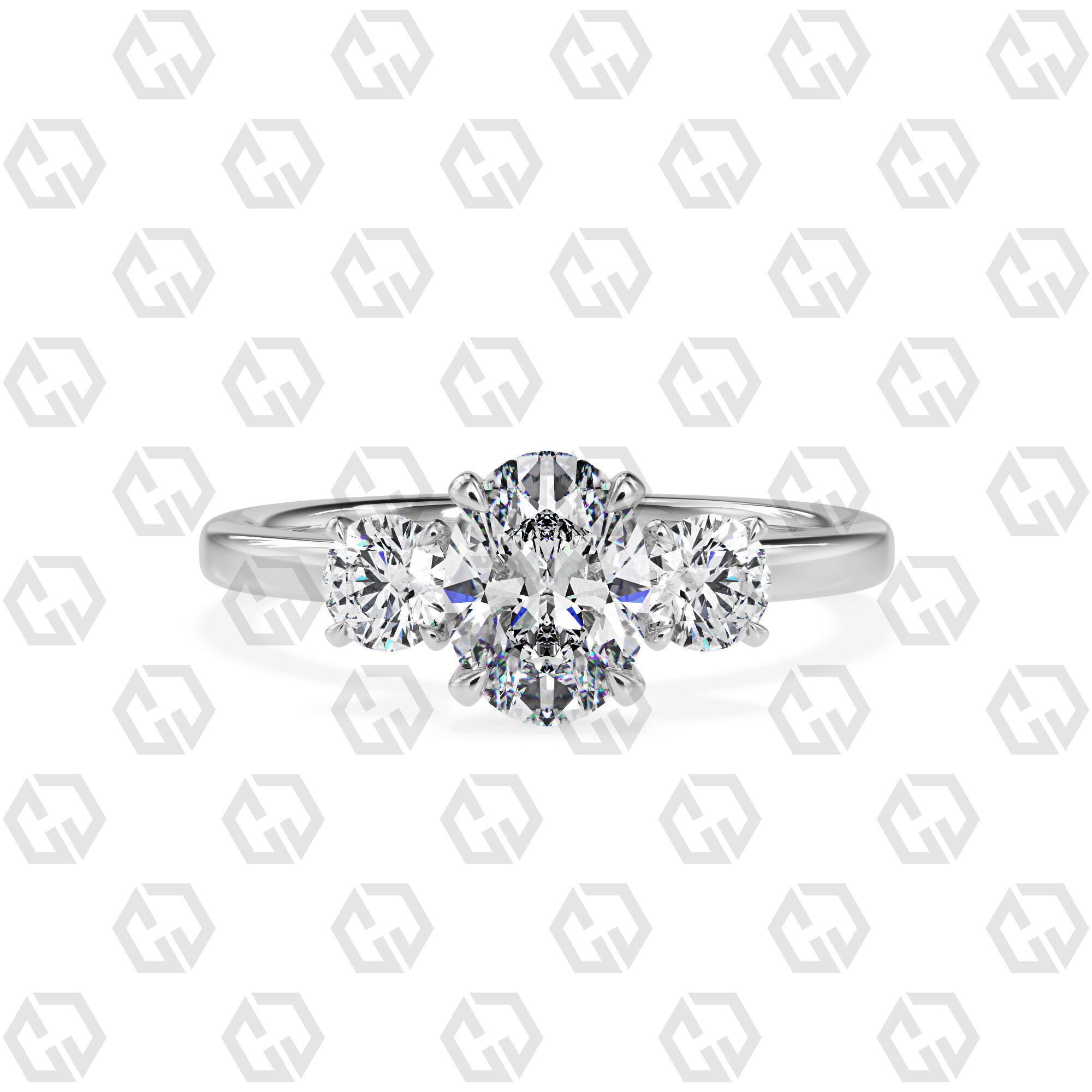 Ring 106 Oval Shape 3 stone ring with round 3D print model_7