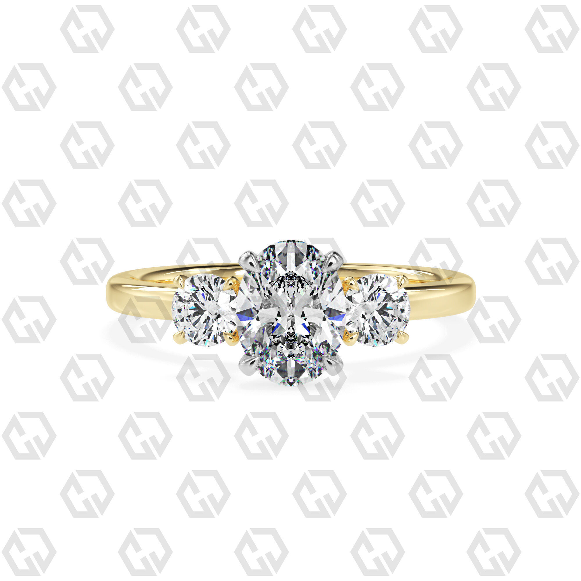 Ring 106 Oval Shape 3 stone ring with round 3D print model_9