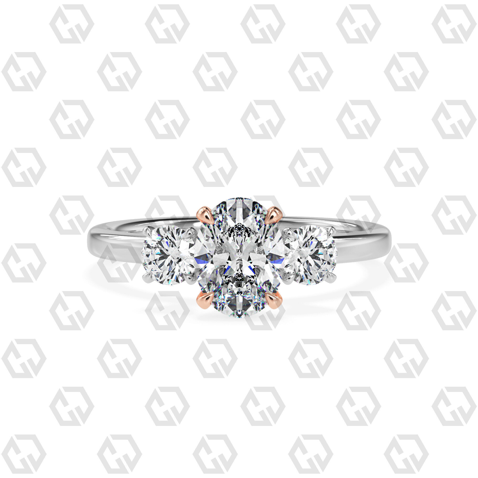 Ring 106 Oval Shape 3 stone ring with round 3D print model_3