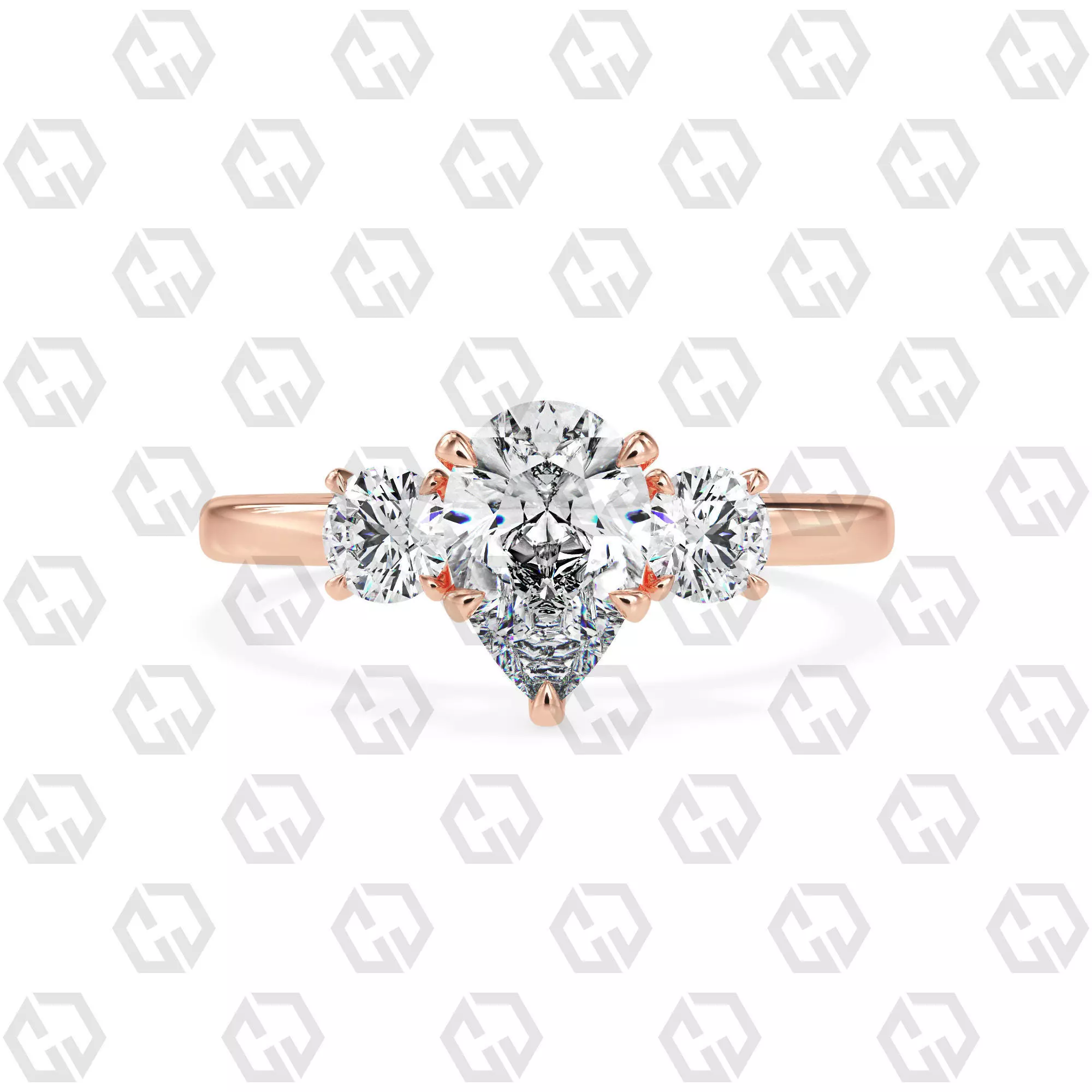 Ring 107 Pear Shape 3 stone ring with round 3D print model